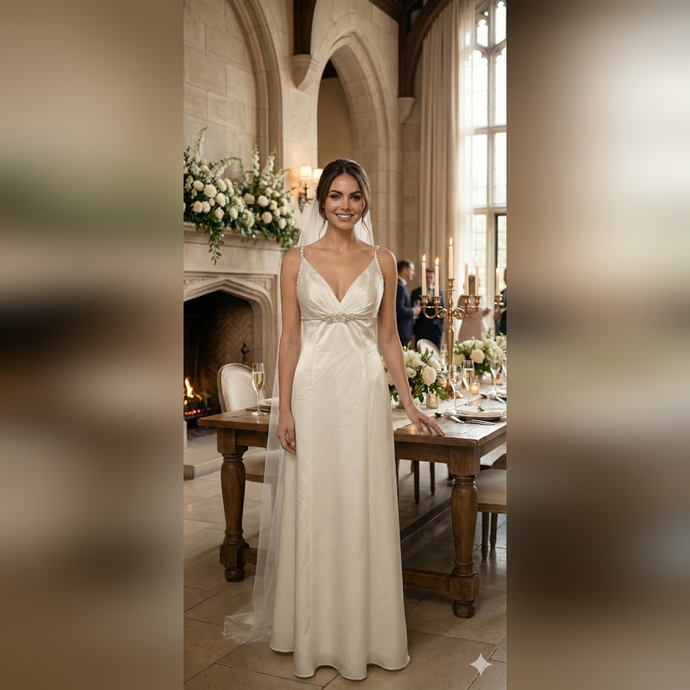 NWT Size 8 Venus Bridal Pallas Athena Ivory Satin Rhinestone Waist & Straps